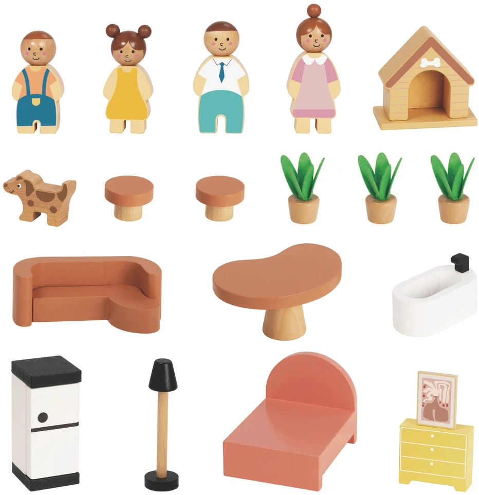 Tooky Toys TOOKY TOY medinis lėlių namelis su priedais ir šeima 20 vnt