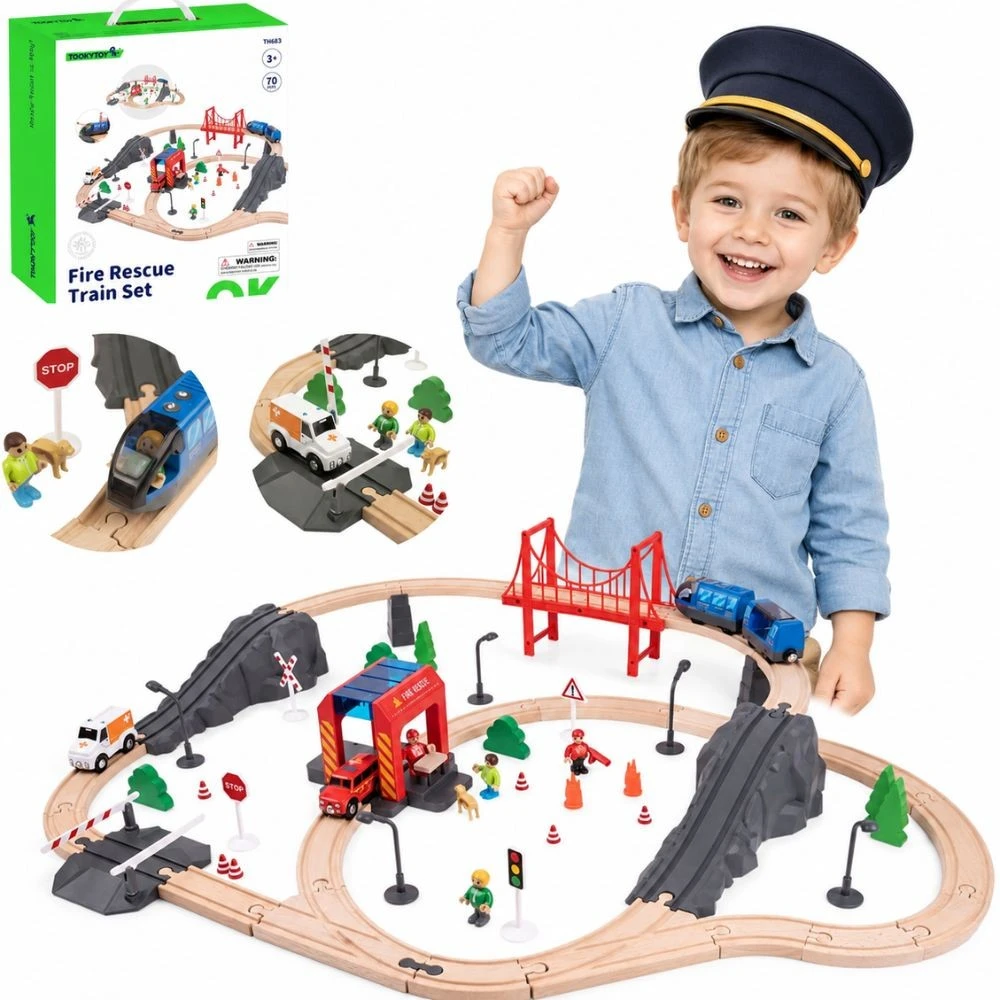 Tooky Toys Paimta žaislinė medinė eilės gaisro stažuotės greitosios pagalbos automobiliu 70 EL.