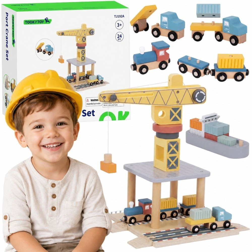 Tooky Toys TOOKY TOY medinis uosto kranas su transporto priemonėmis