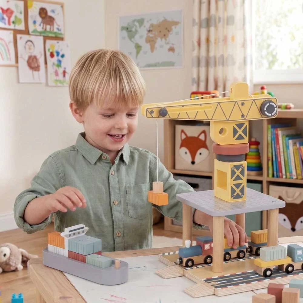 Tooky Toys TOOKY TOY medinis uosto kranas su transporto priemonėmis