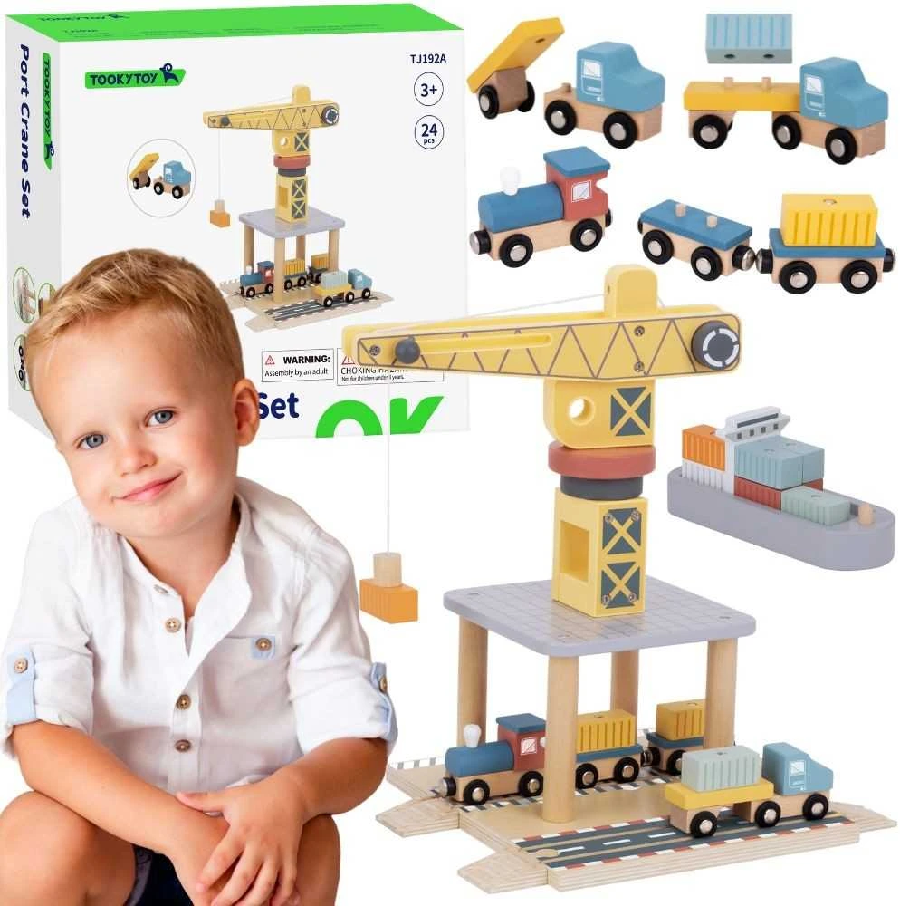 Tooky Toys TOOKY TOY medinis uosto kranas su transporto priemonėmis