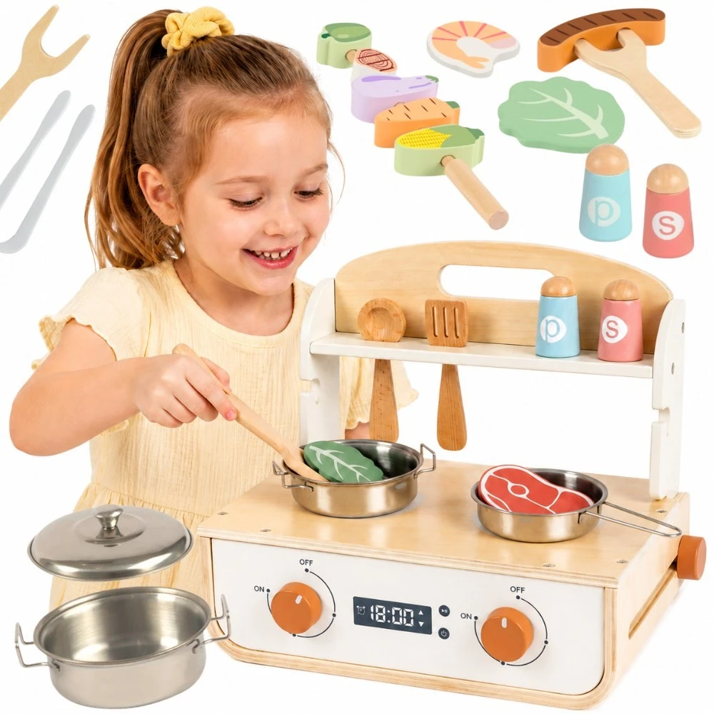 Tooky Toys TOOKY TOY Žaislinė medinė virtuvėlė su kepsnine ir priedais