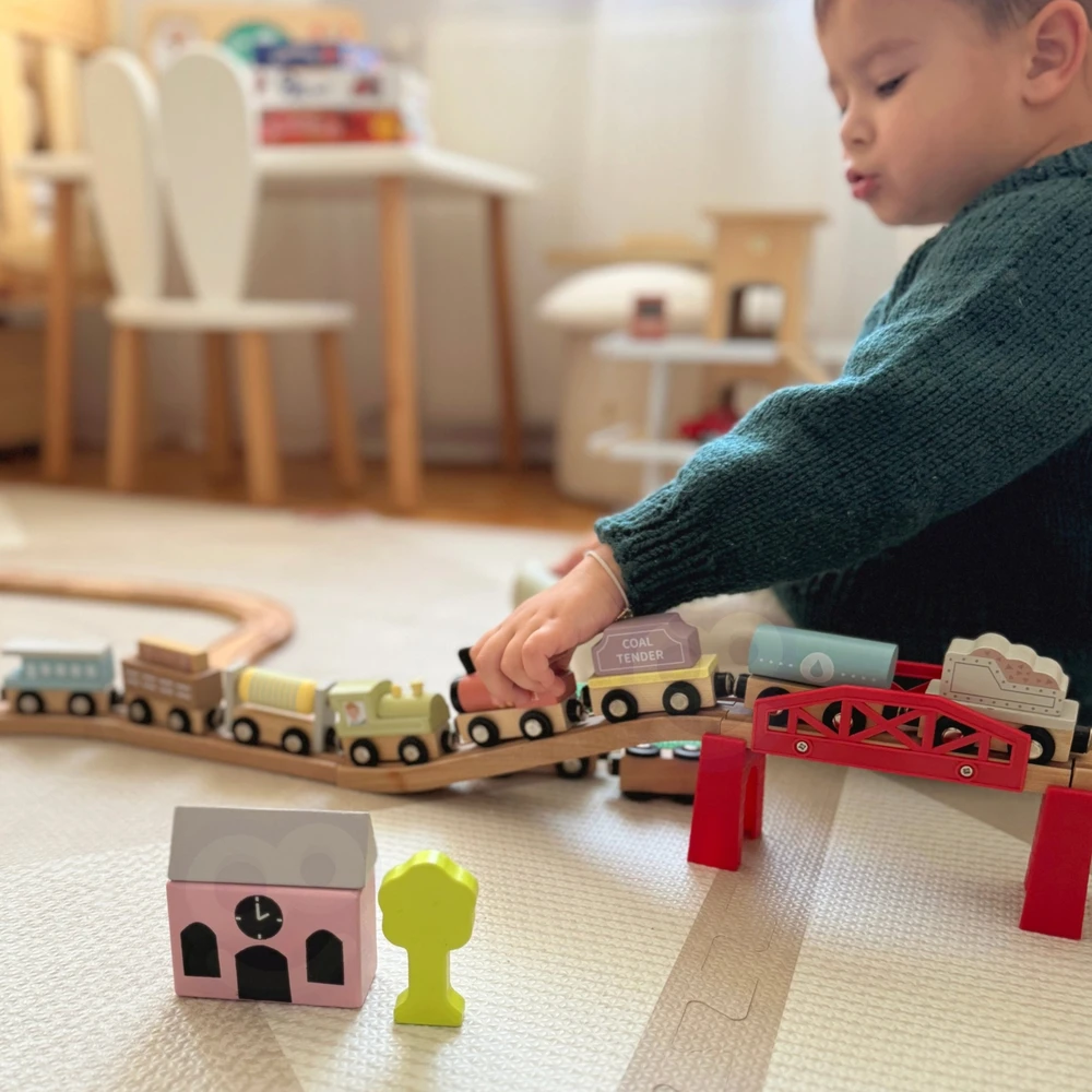 Tooky Toys Tooky žaisliniai medinių transporto priemonių vagonai su magnetu