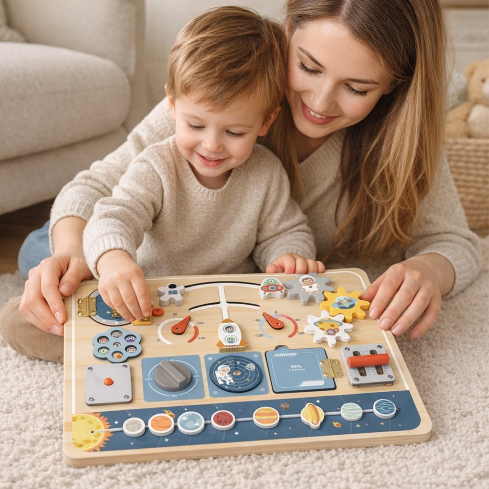 Tooky Toys Medinė kosminė Montessori lenta Tooky Toy astronauto valdymo pultas