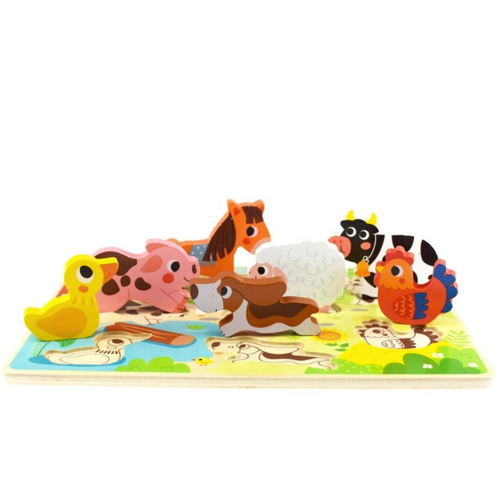 Tooky Toys TOOKY TOY medinis Montessori dėlionės gyvūnams fermai dera su formomis