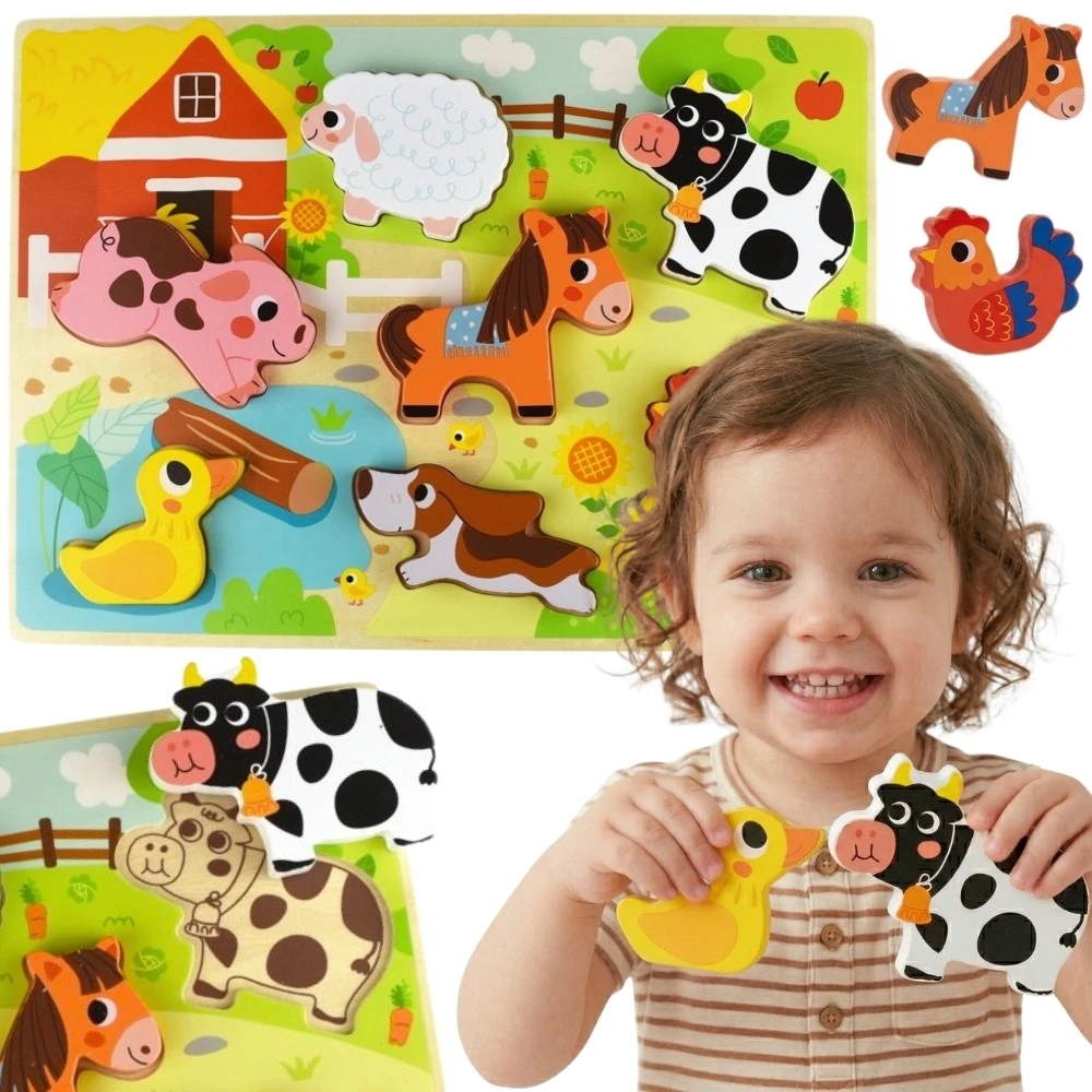 Tooky Toys TOOKY TOY medinis Montessori dėlionės gyvūnams fermai dera su formomis