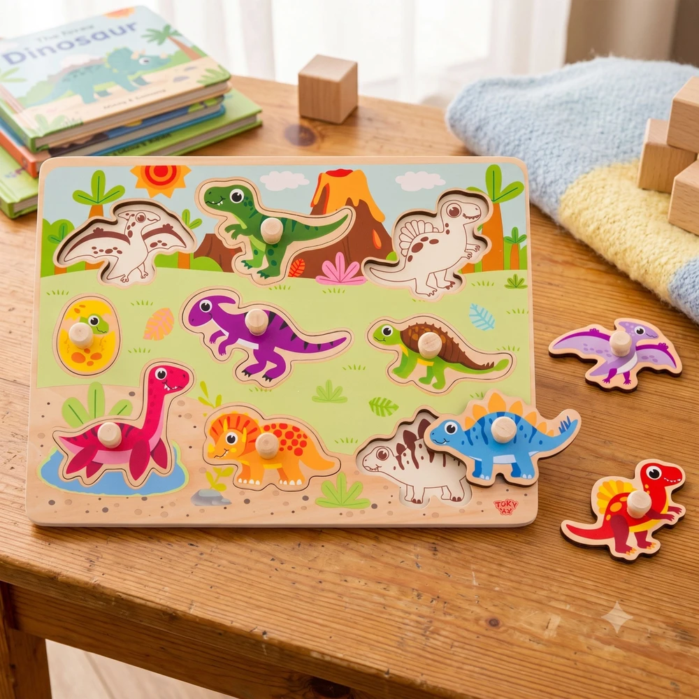 Tooky Toys Paėmę žaislinę medinę montessori dėlionės dėlionės dinozaurai