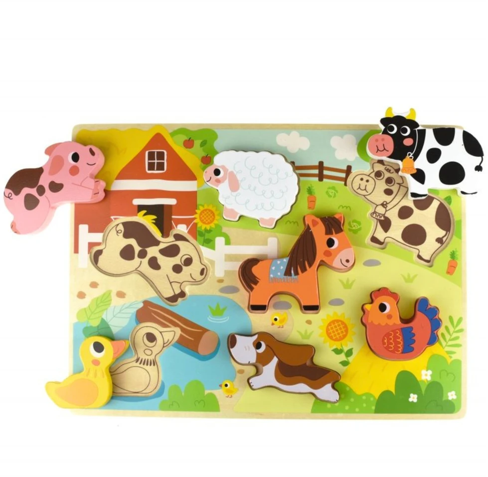 Tooky Toys TOOKY TOY medinis Montessori dėlionės gyvūnams fermai dera su formomis