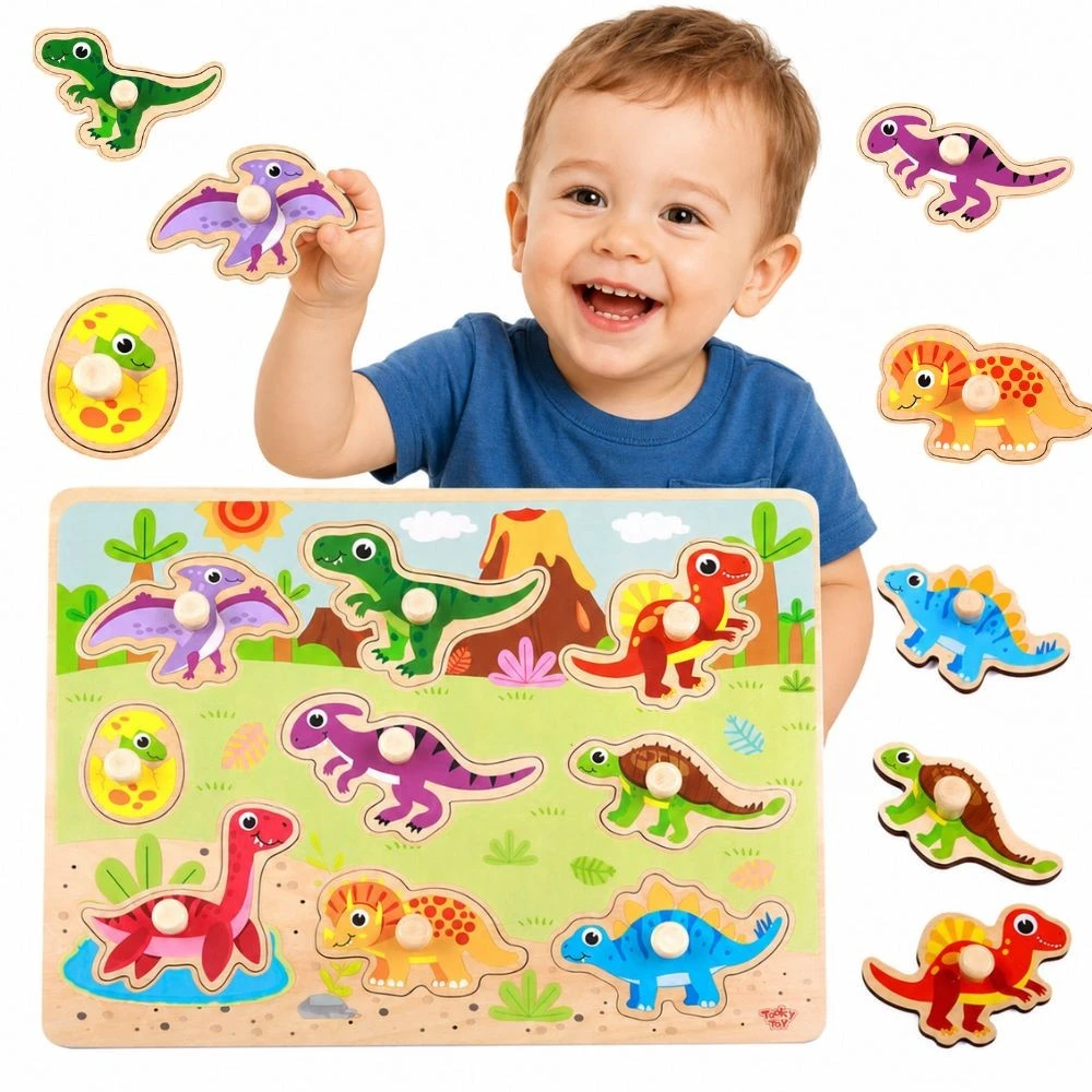 Tooky Toys Paėmę žaislinę medinę montessori dėlionės dėlionės dinozaurai