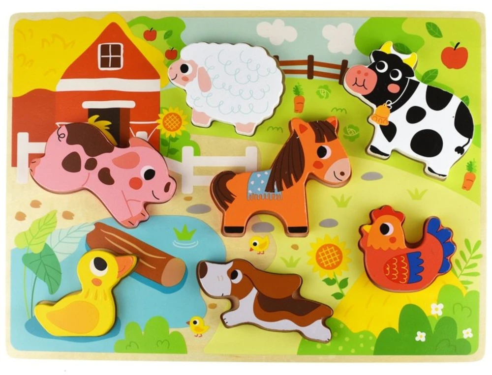 Tooky Toys TOOKY TOY medinis Montessori dėlionės gyvūnams fermai dera su formomis