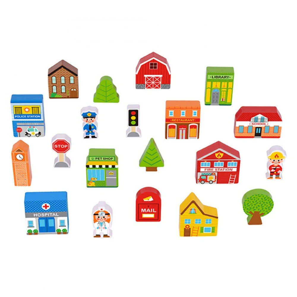 Tooky Toys Paimtas žaislinis medinis pastatų komplektas ir „Figurines City“