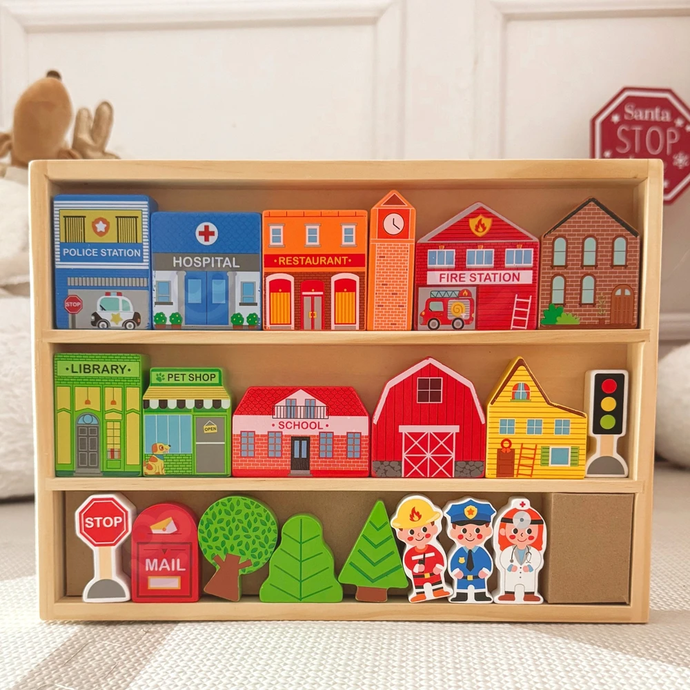 Tooky Toys Paimtas žaislinis medinis pastatų komplektas ir „Figurines City“