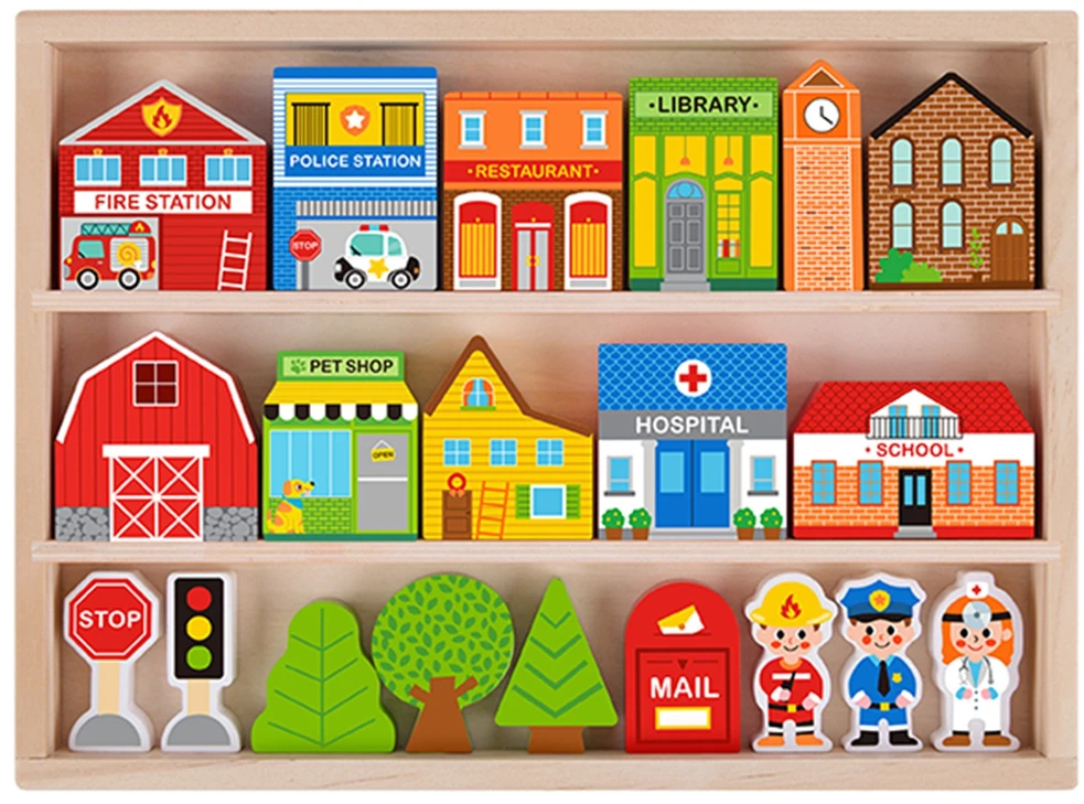 Tooky Toys Paimtas žaislinis medinis pastatų komplektas ir „Figurines City“