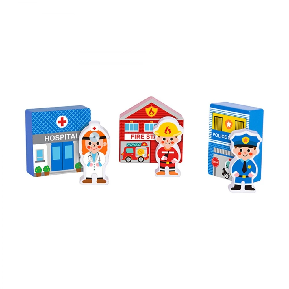 Tooky Toys Paimtas žaislinis medinis pastatų komplektas ir „Figurines City“