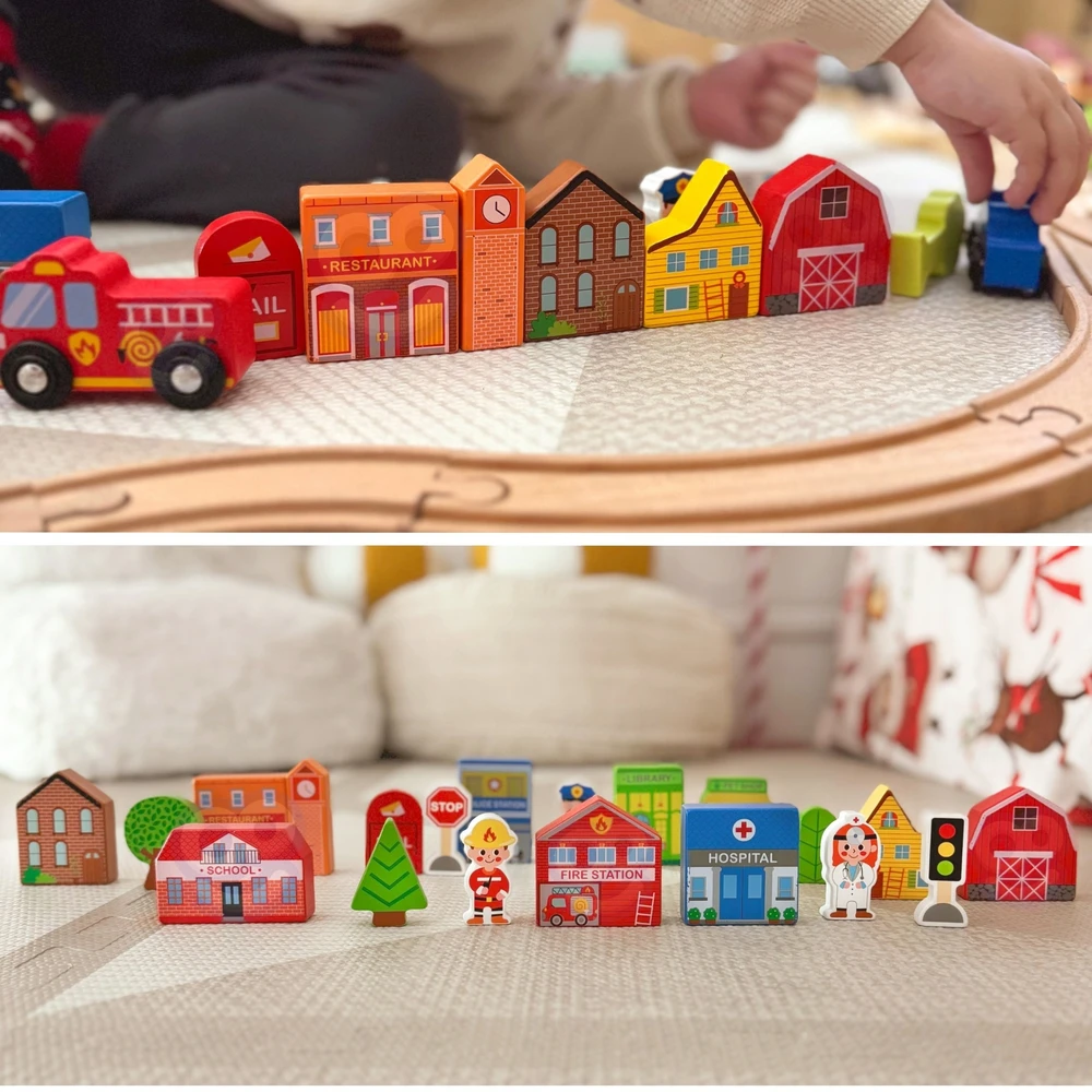 Tooky Toys Paimtas žaislinis medinis pastatų komplektas ir „Figurines City“