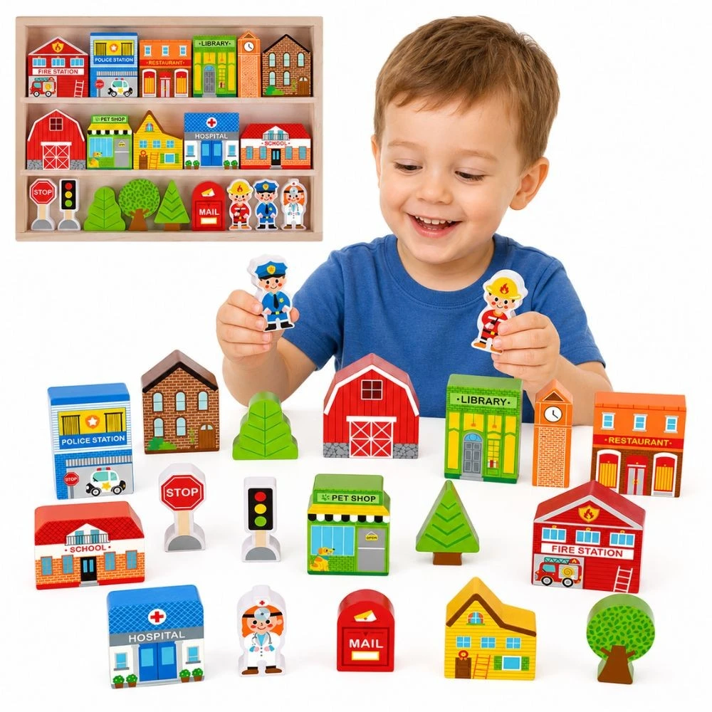 Tooky Toys Paimtas žaislinis medinis pastatų komplektas ir „Figurines City“