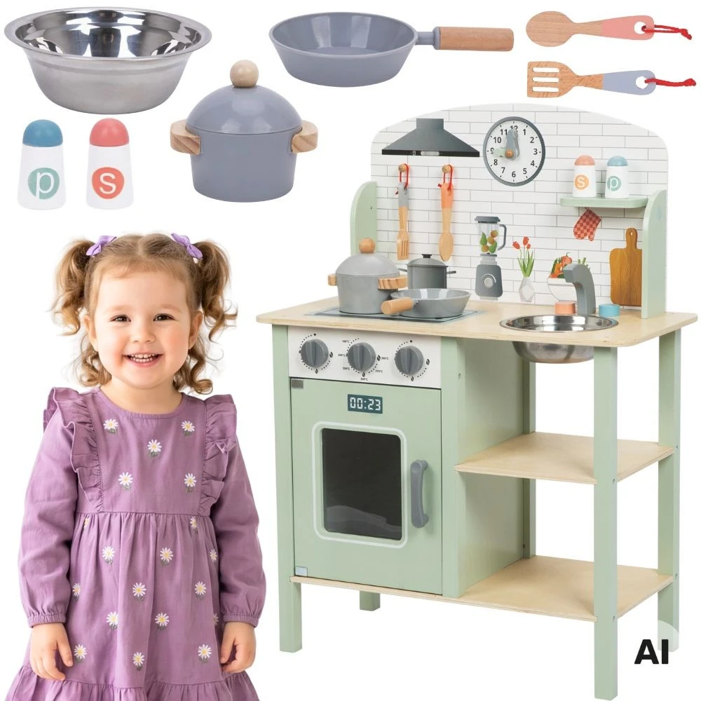 Tooky Toys TOOKY TOY žalia medinė virtuvė su priedais