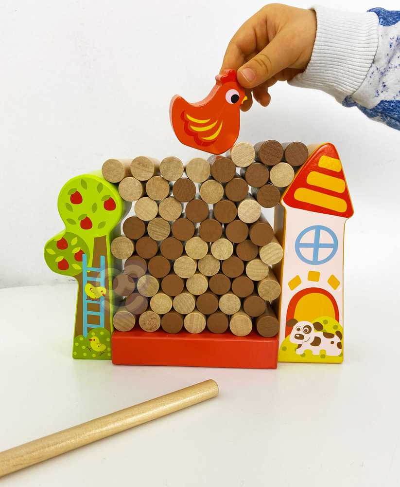 Tooky Toys Paimtas žaislas Jenga krintantis vištienos medinis ūkis