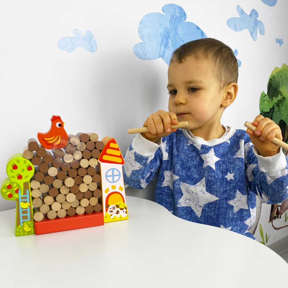 Tooky Toys Paimtas žaislas Jenga krintantis vištienos medinis ūkis