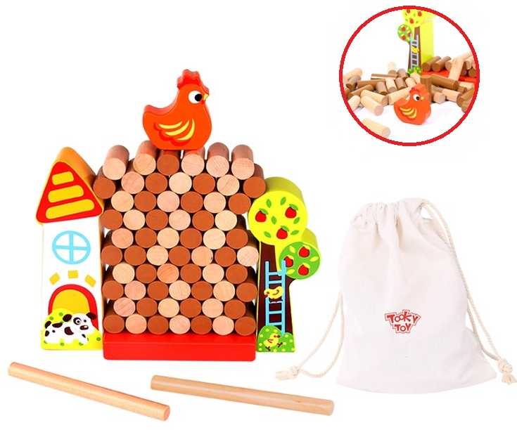 Tooky Toys Paimtas žaislas Jenga krintantis vištienos medinis ūkis