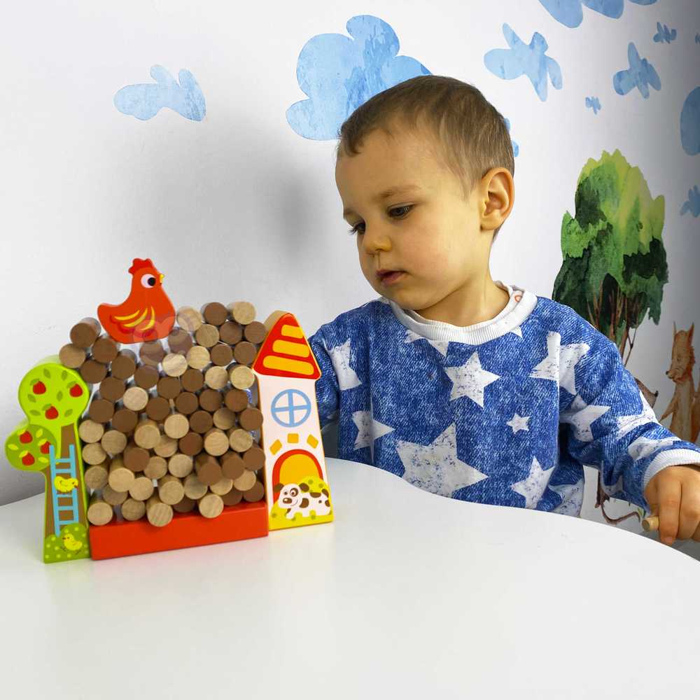 Tooky Toys Paimtas žaislas Jenga krintantis vištienos medinis ūkis