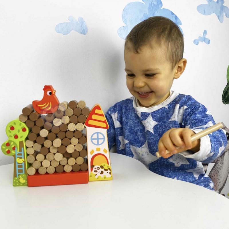 Tooky Toys Paimtas žaislas Jenga krintantis vištienos medinis ūkis