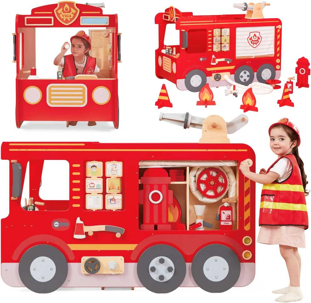 Viga Toys Didelis medinis gaisrinės automobilis VIGA Montessori vaikų žaidimams