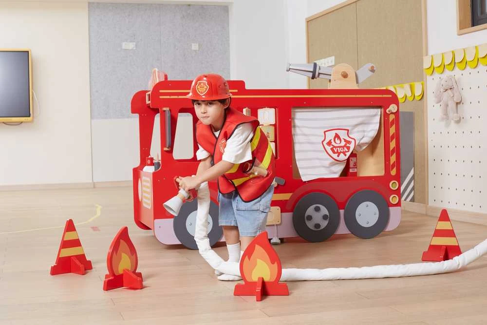 Viga Toys Didelis medinis gaisrinės automobilis VIGA Montessori vaikų žaidimams