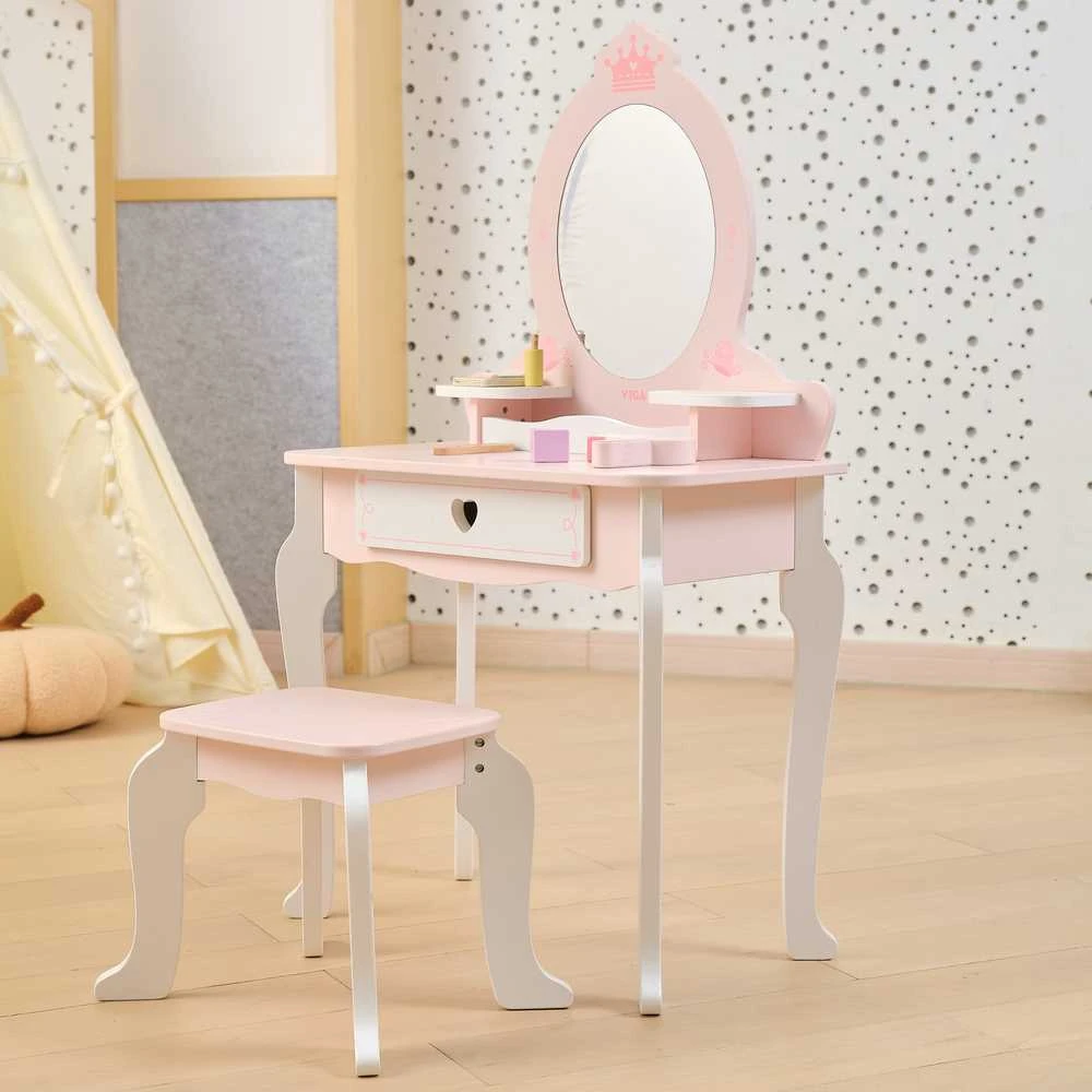 Viga Toys VIGA Medinė Tualetė su Veidrodžiu ir Kėdute Balti-Rožiniai