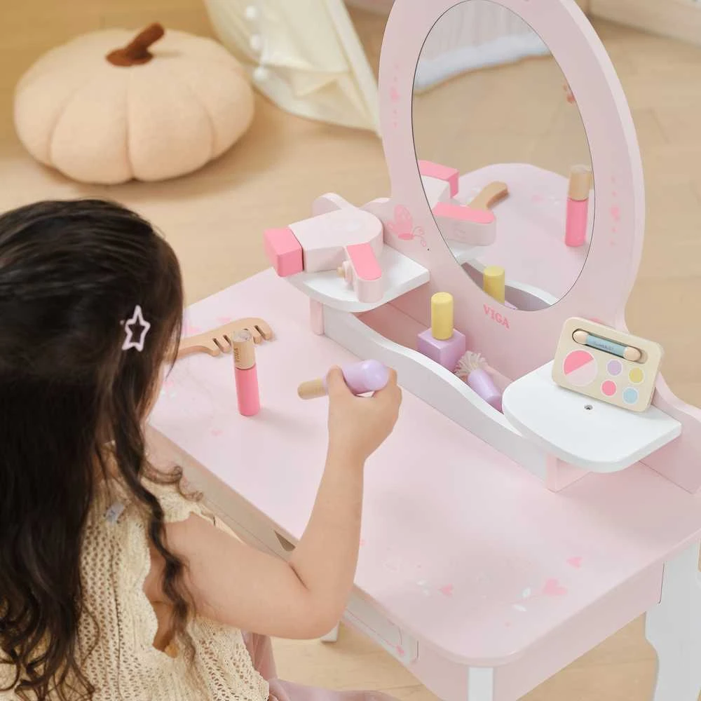 Viga Toys VIGA Medinė Tualetė su Veidrodžiu ir Kėdute Balti-Rožiniai