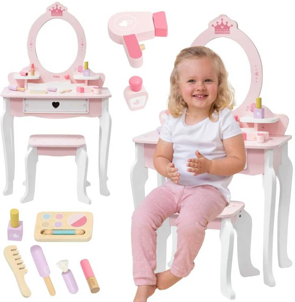 Viga Toys VIGA Medinė Tualetė su Veidrodžiu ir Kėdute Balti-Rožiniai