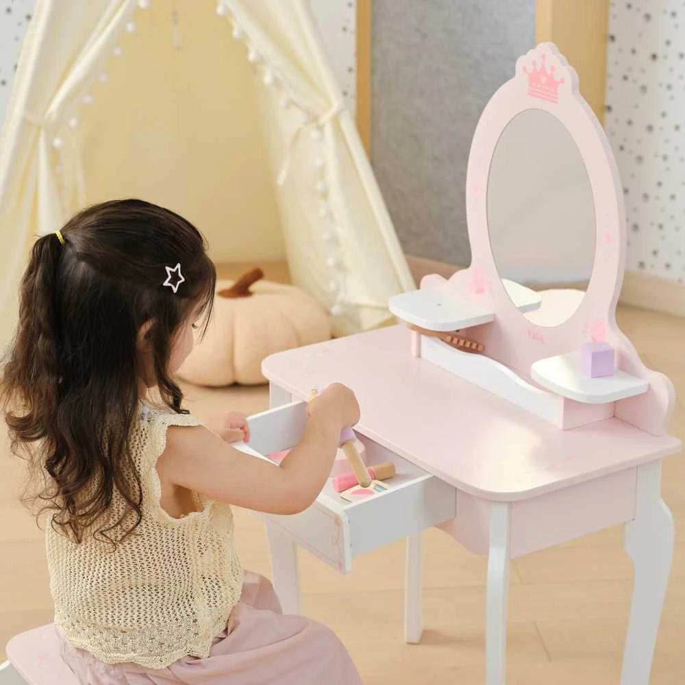 Viga Toys VIGA Medinė Tualetė su Veidrodžiu ir Kėdute Balti-Rožiniai