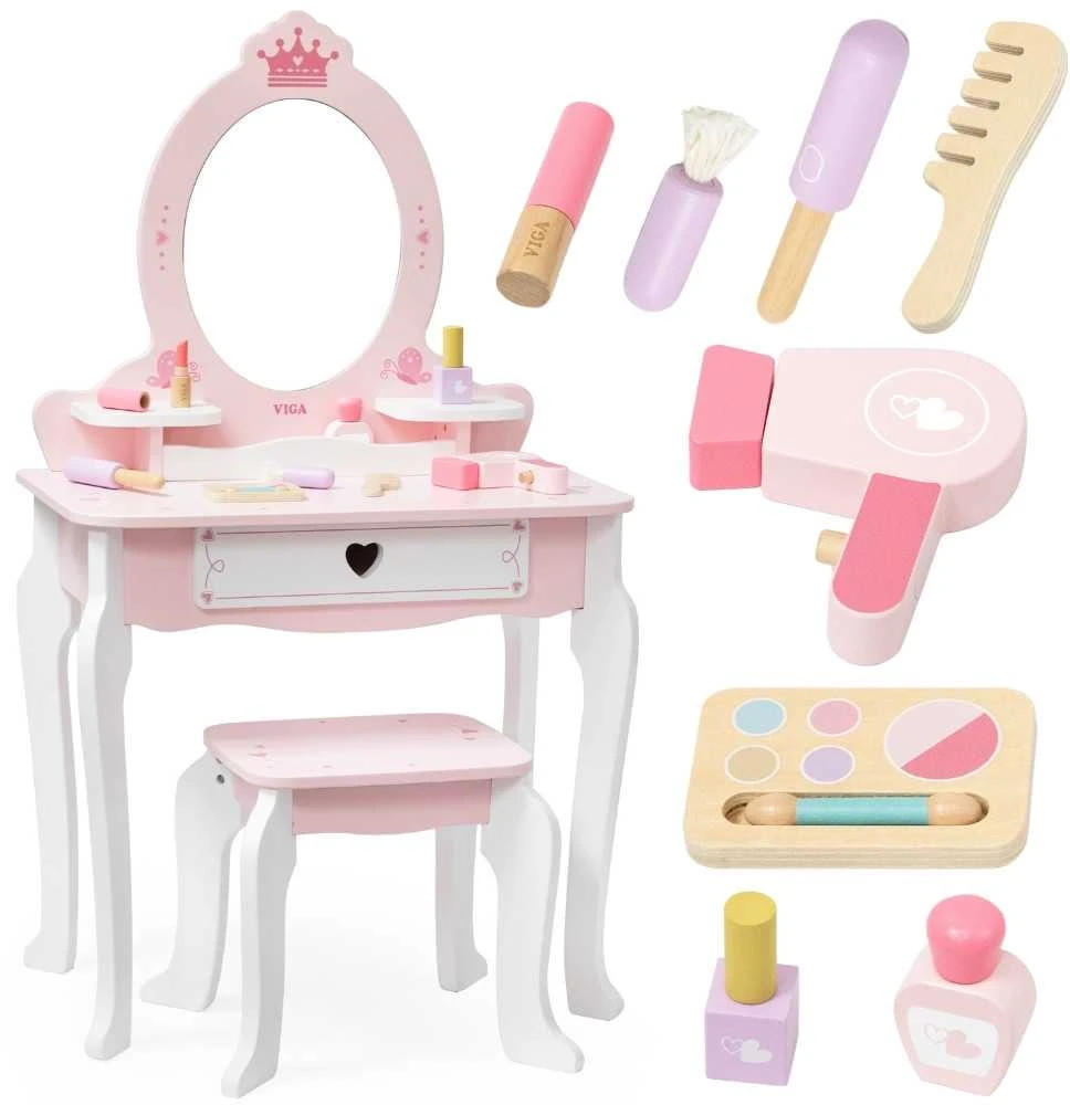 Viga Toys VIGA Medinė Tualetė su Veidrodžiu ir Kėdute Balti-Rožiniai