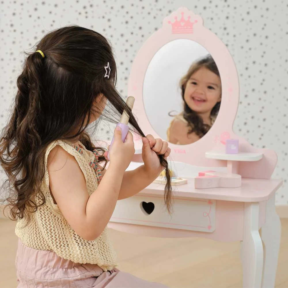 Viga Toys VIGA Medinė Tualetė su Veidrodžiu ir Kėdute Balti-Rožiniai