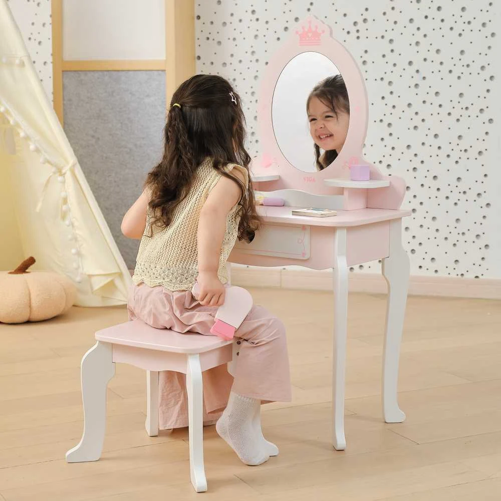 Viga Toys VIGA Medinė Tualetė su Veidrodžiu ir Kėdute Balti-Rožiniai