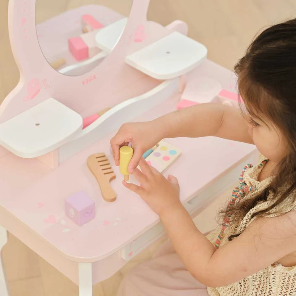 Viga Toys VIGA Medinė Tualetė su Veidrodžiu ir Kėdute Balti-Rožiniai