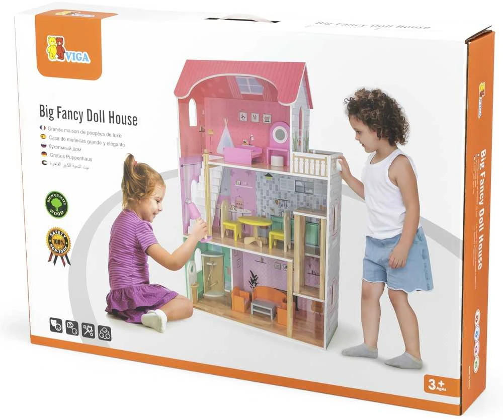 Viga Toys VIGA Medinis Lėlių Namelis su 5 Kambariais