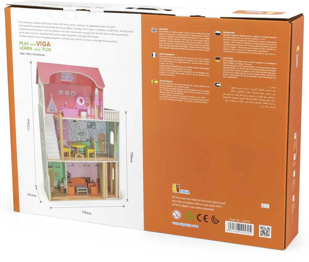Viga Toys VIGA Medinis Lėlių Namelis su 5 Kambariais