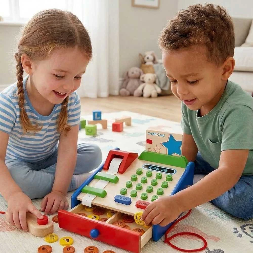 Medinių parduotuvių kasos su aksesuarais skaitytuvas „Viga Toys Montessori“