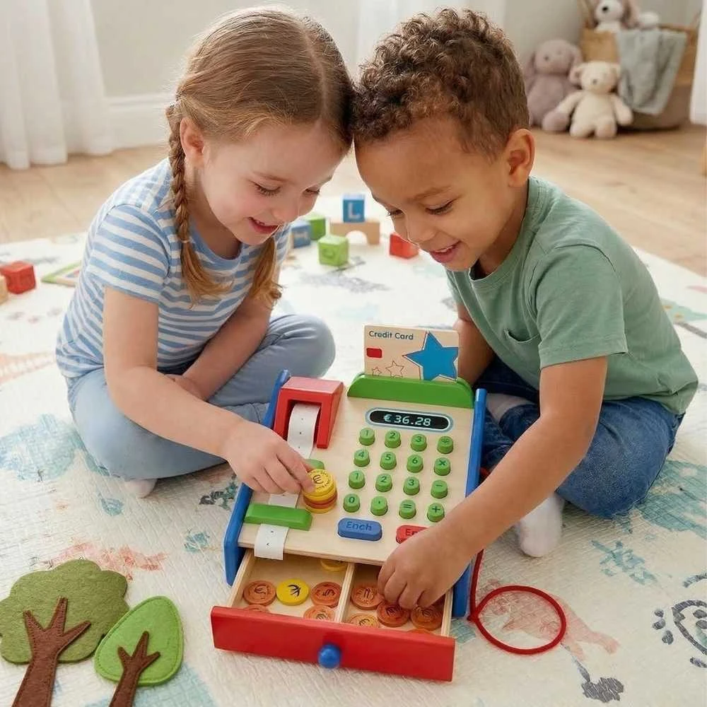 Medinių parduotuvių kasos su aksesuarais skaitytuvas „Viga Toys Montessori“