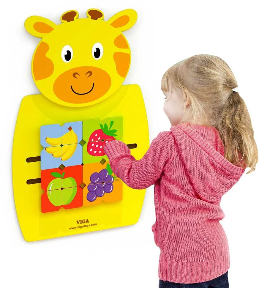 Viga Toys Medinė Sensoryinė Manipuliacinė Lentelė Žirafa su Dėlionėmis