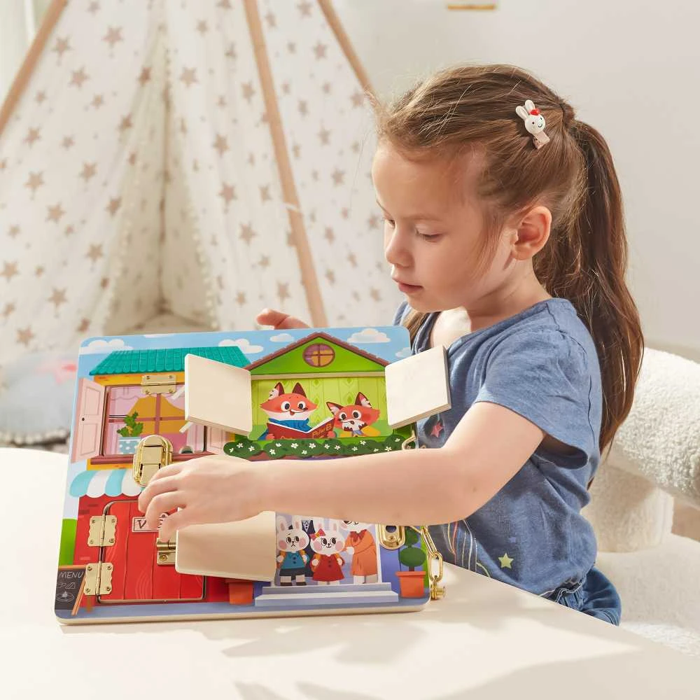 Viga medinis manipuliacinės lentos pilis ir užrakto namas Montessori