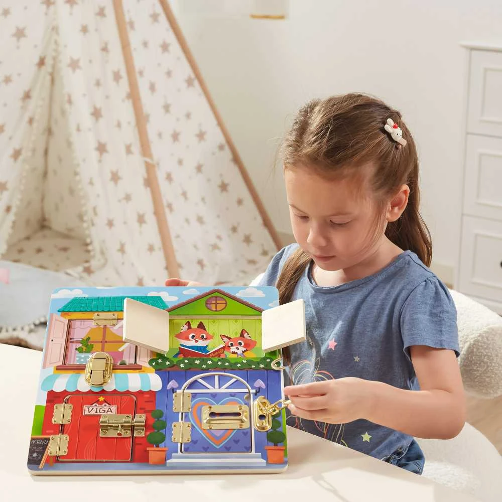 Viga medinis manipuliacinės lentos pilis ir užrakto namas Montessori