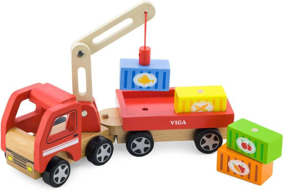 Viga Toys Medinis Kranas su Konteineriais