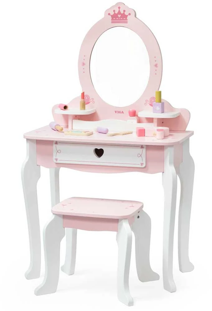 Viga Toys VIGA Medinė Tualetė su Veidrodžiu ir Kėdute Balti-Rožiniai