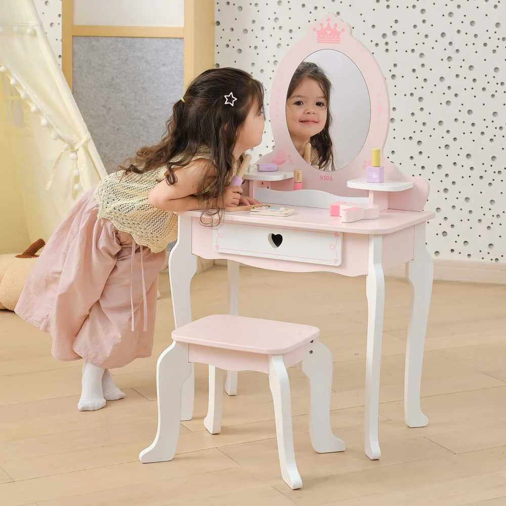Viga Toys VIGA Medinė Tualetė su Veidrodžiu ir Kėdute Balti-Rožiniai