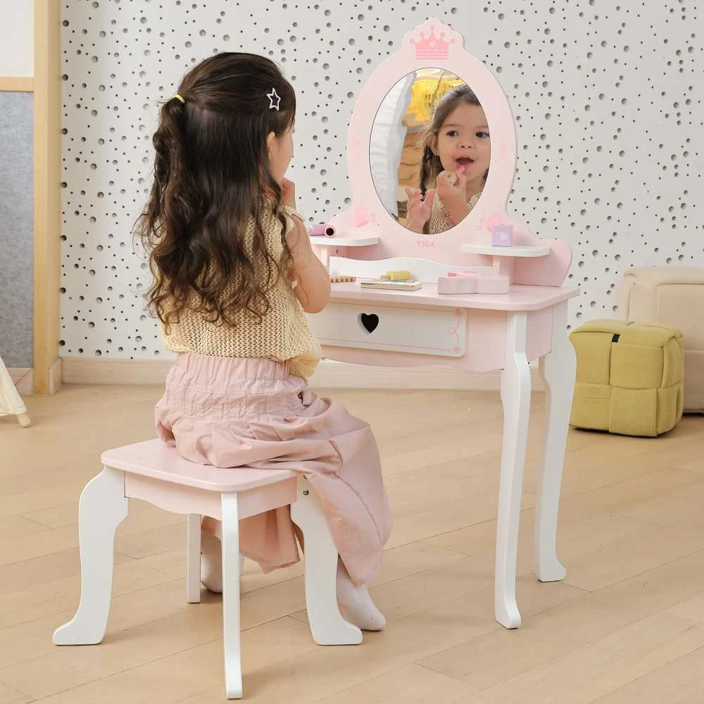 Viga Toys VIGA Medinė Tualetė su Veidrodžiu ir Kėdute Balti-Rožiniai