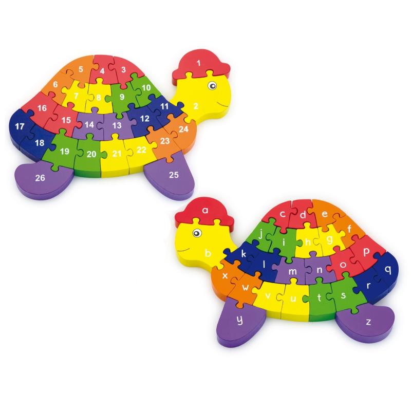 Viga medinis 3D galvosūkis edukacinis dėlionės abėcėlės numeriai Turtle Montessori