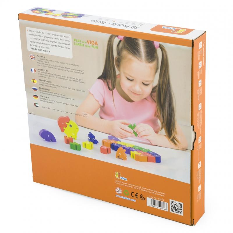 Viga medinis 3D galvosūkis edukacinis dėlionės abėcėlės numeriai Turtle Montessori