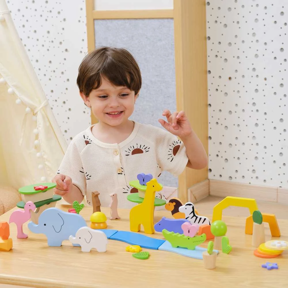 Viga Toys Medinių kaladėlių rinkinys VIGA Tropinių istorijų pasaulis 55 vnt